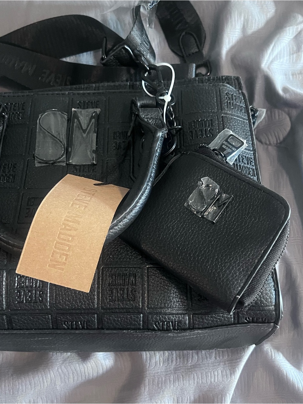 Steve Madden Black Embossed Logo Crossbody with Zip Pouch